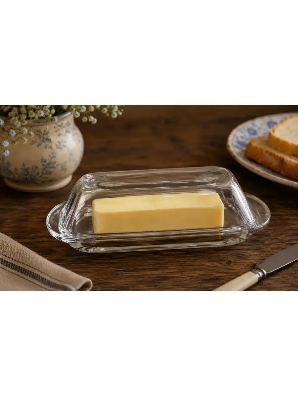 Vintage Clear Glass Butter Dish with Lid | Farmhouse Kitchen Decor, Mid Century